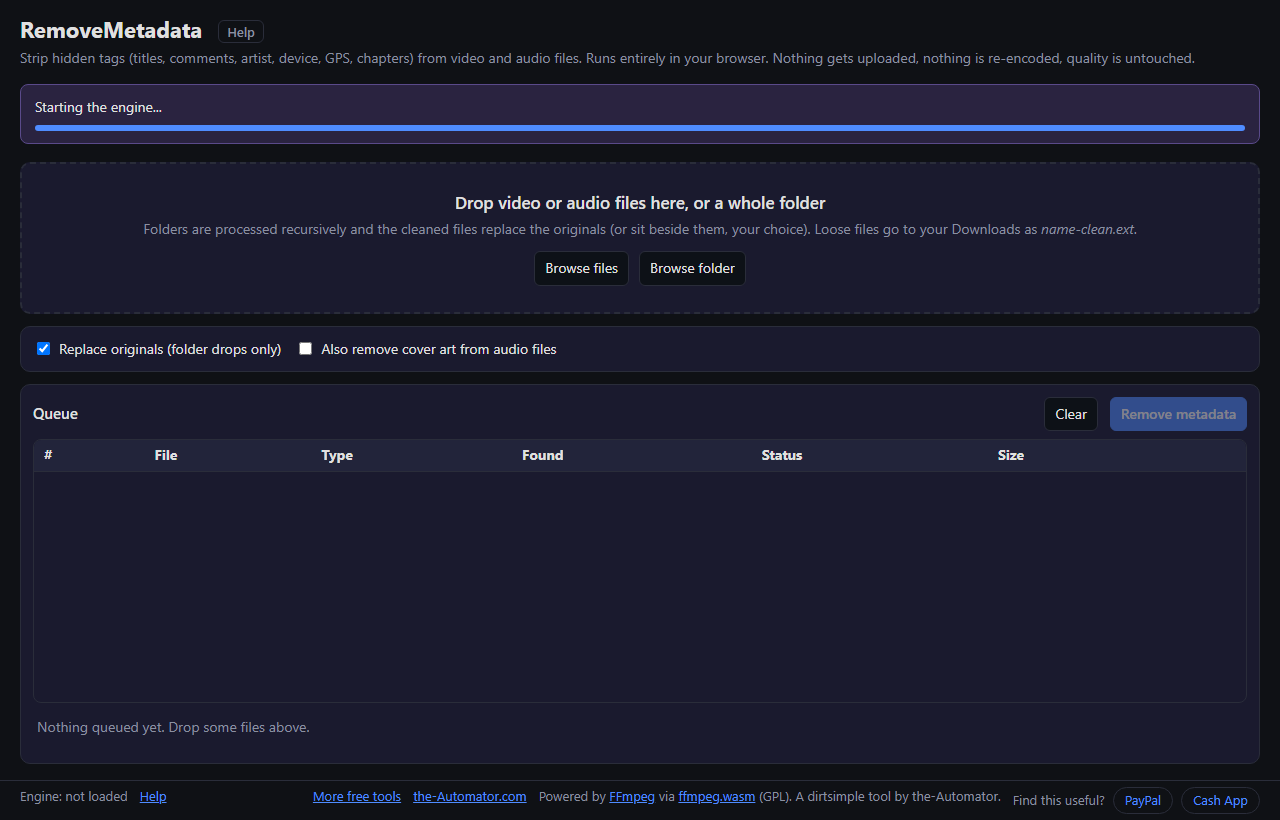 Remove Metadata drop zone, cleanup options, and file queue
